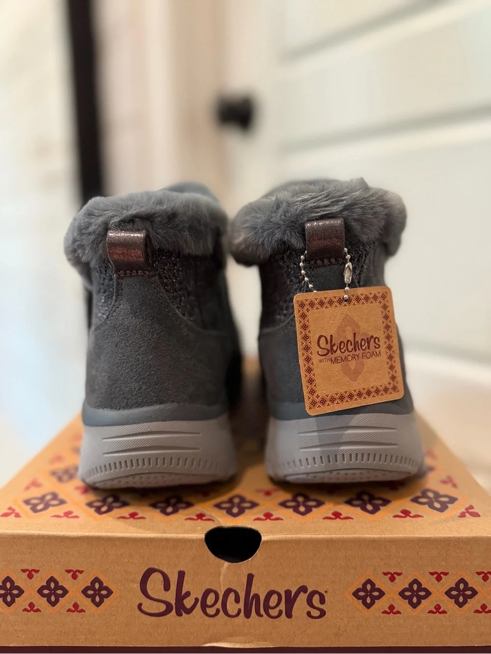 Skechers Gray Faux-Fur Knit Ankle Boots